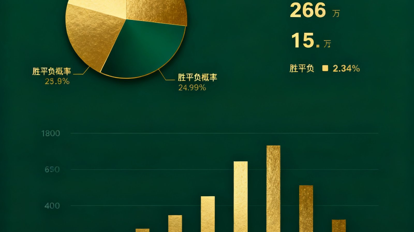 数据预测模型生成的可视化图表，展示胜平负概率分布的饼图和条形对比图，配色采用深绿与金色，数据标注清晰专业